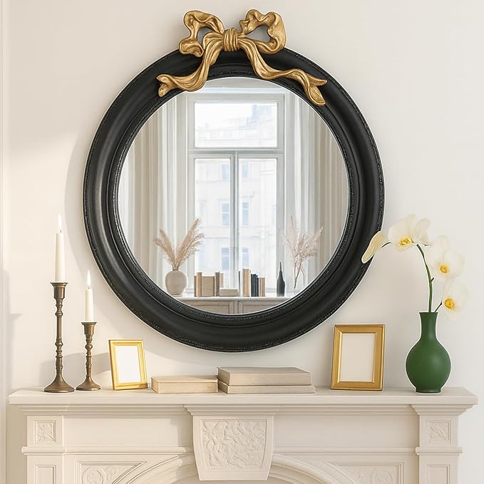 25x25 inch Bow Antique Round Mirror for Wall, Gold & Black Decorative Wall-Mounted Circle Mirror, Perfect for Bedroom, Hallway, Living Room Décor, and Bathroom Vanity