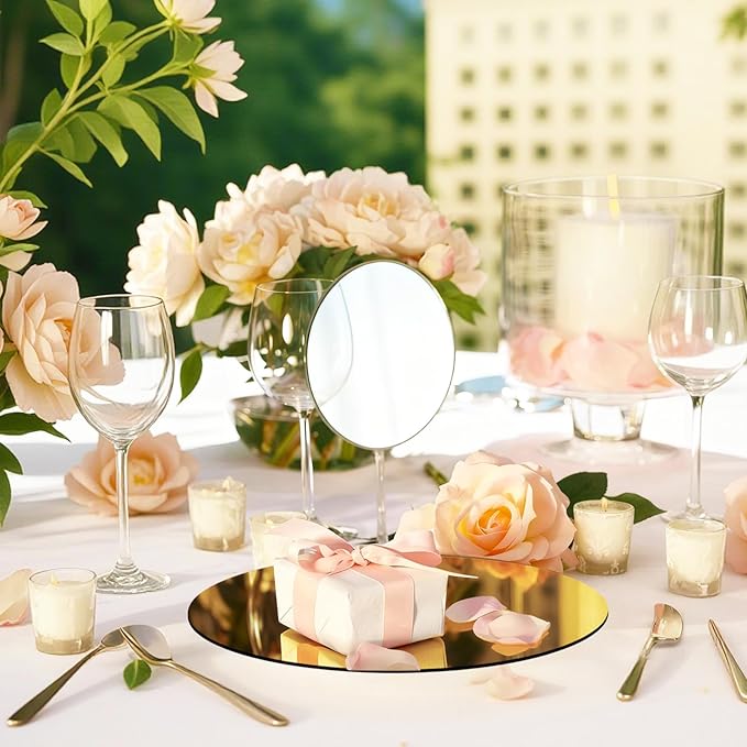 24PCS Gold Round Mirror Plates for Centerpieces, 8" Flat Gold Circle Mirror Trays for Tables, Decorative Candle Plates Mirror Base for Wedding Table Decor, Anniversary Party Event Home Decorations