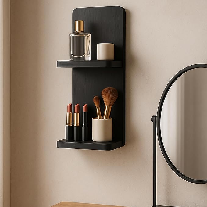 Floating Wall Shelves Set of 2, Black Solid Wood Double Layer Wall Mounted Shelf, 20 x 8 x 6 Inches, Modern Storage for Bedroom, Bathroom, Kitchen, Home Decor, Plants & Cosmetics