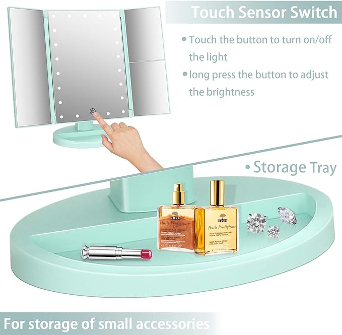 Flymiro Tri-fold Lighted Vanity Makeup Mirror with 3x/2x Magnification,Light up Mirror for Makeup,Touch Screen 21 LEDs,180° Rotation Countertop Cosmetic Mirror,Gifts for Women Mom Teen Girls