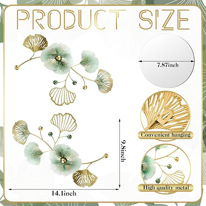 Tandefio 3 Pcs Metal Decorative Wall Mirrors for Living Room Metal Ginkgo Leaf Mirror Modern Creative Wall Decor Art Hanging Decor Mirror for Entrance Bedroom Living Room (Gold Green,16.inches)