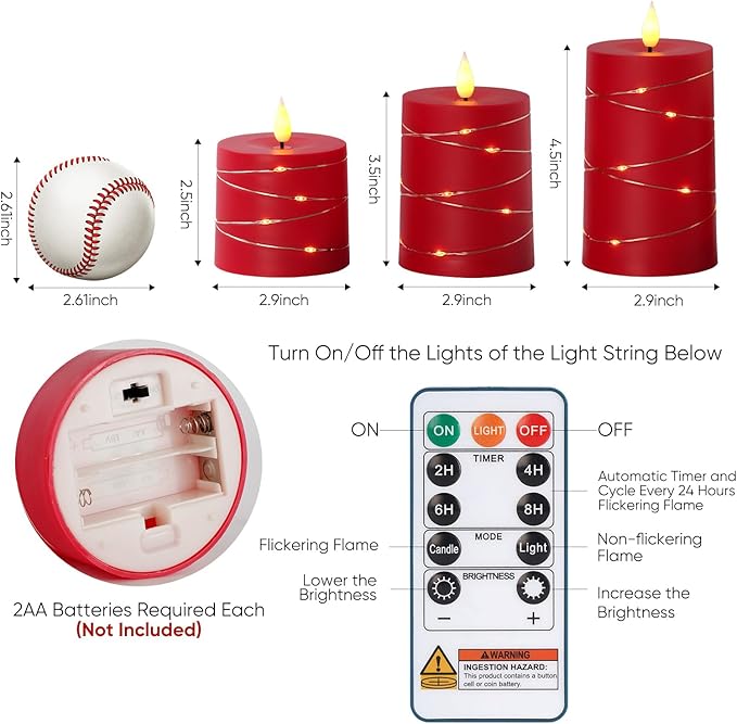 Raycare Flameless Candles with Remote Timer, Flickering Battery Operated LED Pillar Fake Candle with String Lights for Home Decor, Christmas, Wedding and Gift, Red, Set of 3