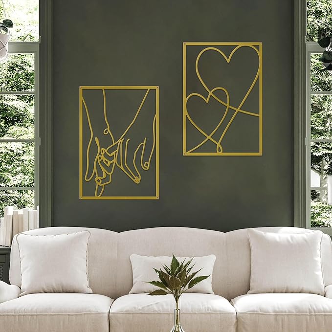 3 Pieces Metal Minimalist Line Wall Art, Valentine's Day Lover Kiss Hand Metal Wall Decor, Aesthetic Modern Home Hanging Wall Art Decor for Bedroom Bathroom Living Room (Gold)