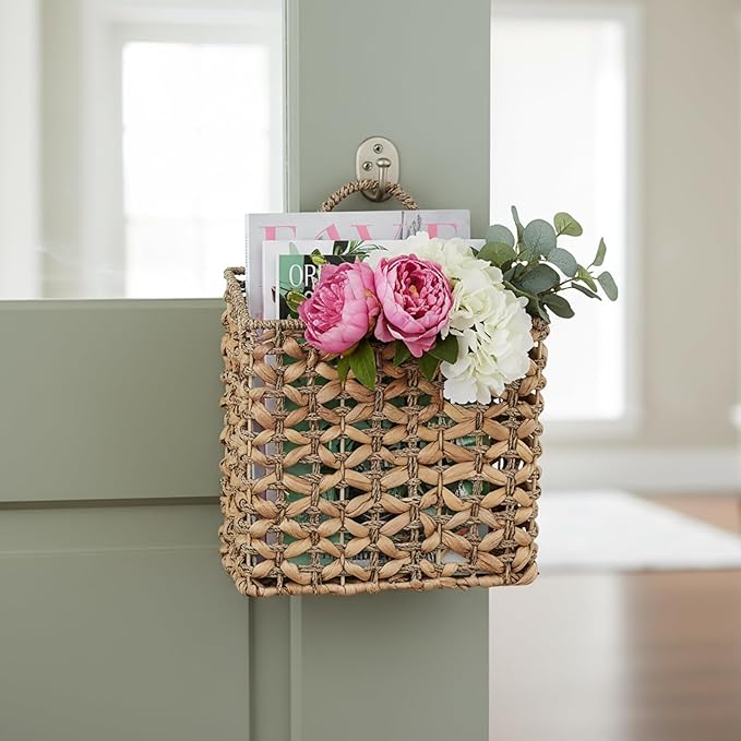Magazine Holder, Woven Magazine Rack, Hanging Wall Basket with Handle, Rattan File Holder, Wall Mounted Storage Basket for Letters, Magazines, Books, Newspapers, Home & Office Organizer