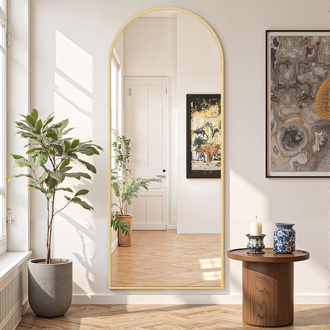 Mirror Full Length 64"x21" Full Body Floor Mirror with Stand, Shatterproof Glass, Aluminum Alloy Frame, Free Standing Wall Mounted or Leaning Arched Mirrors for Bedroom Living Room Entryway