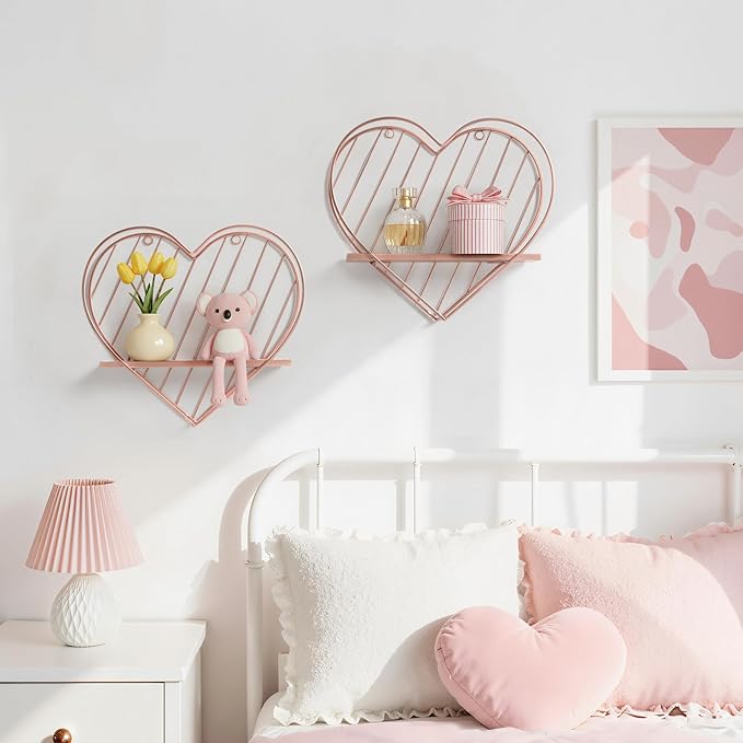 Afuly Floating Shelves for Wall, Cute Heart Wall Shelf Pink Funky Organizer Small Hanging Trinket Storage Aesthetic Room Decor for Bedroom Bathroom Hallway Entryway Vanity, Rose Gold