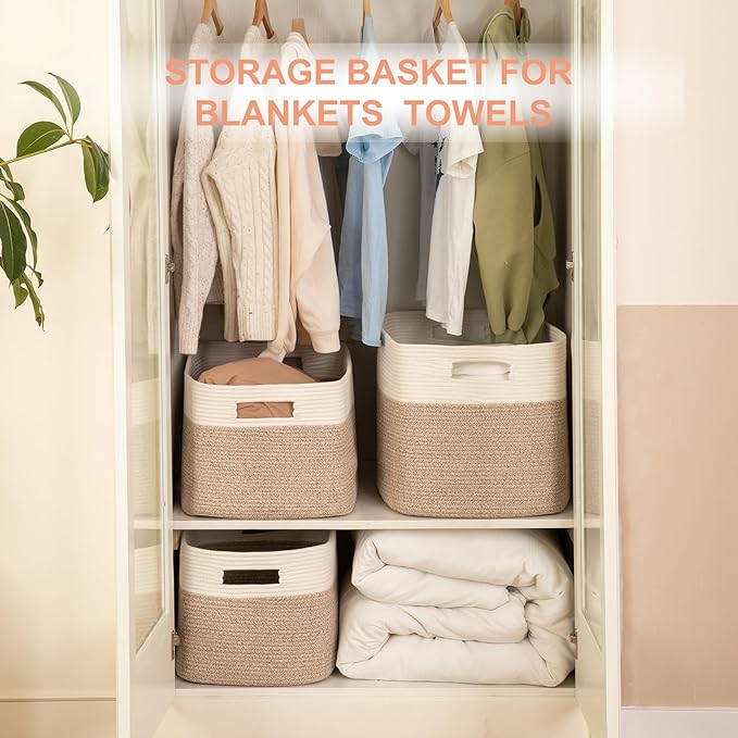 96L XL Large Cotton Rope Basket, Soft Toy Storage Bin for Nursery & Living Room, Decorative Blanket Basket for Bedroom, Baby-Safe Organizer for Pillows &Laundry, 24''×16''×15'', Brown & White
