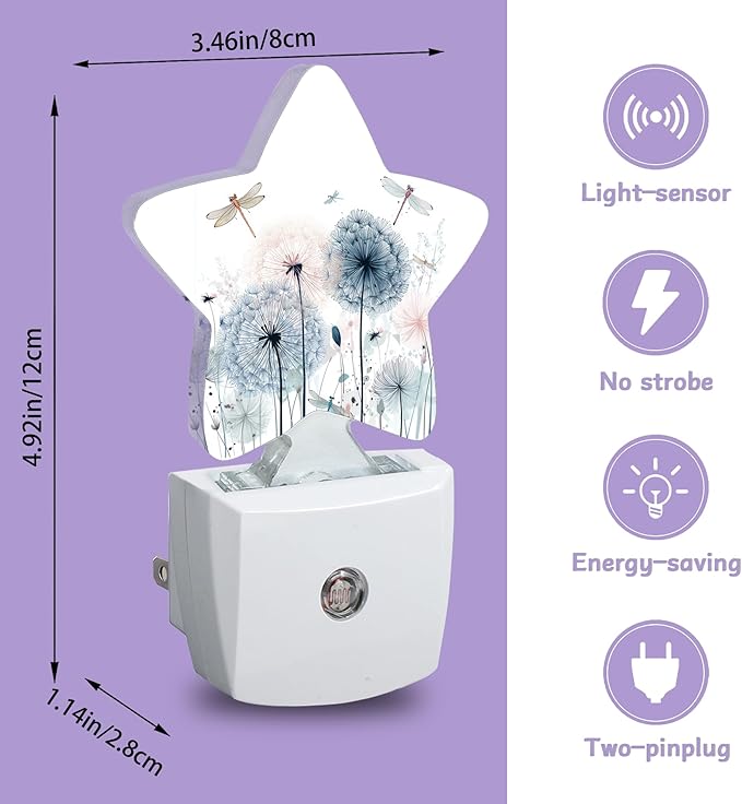 Dragonfly Decorative Nightlight Plug in Wall,Color Dandelions Star Shaped Night Light with Built in Sensor for Home Decor,Kitchen Hallway Stairs Desk Lamp