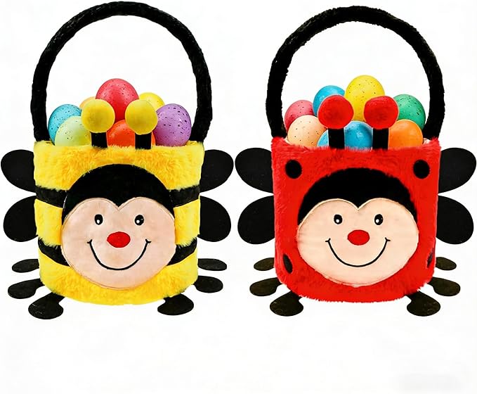 DearSun 2 Pcs Easter Basket Bee & Ladybird Plush Baskets, Easter Egg Hunting Basket for Kids Gifts Party Decoration Supplies, Dia 8" * H 15.7"(Ladybird & Bee)