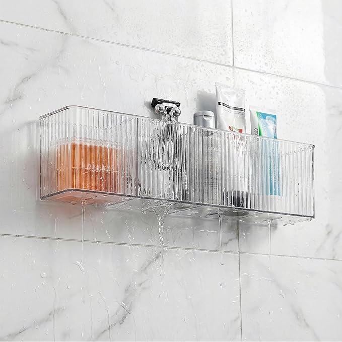 4 Pack Wall Mount Makeup Organizer, 14" Plastic Bathroom Storage Organizer with 3 Compartments, Clear Adhesive Shower Floating Shelf Cabinet Door Organizer for Wall Narrow Space Office