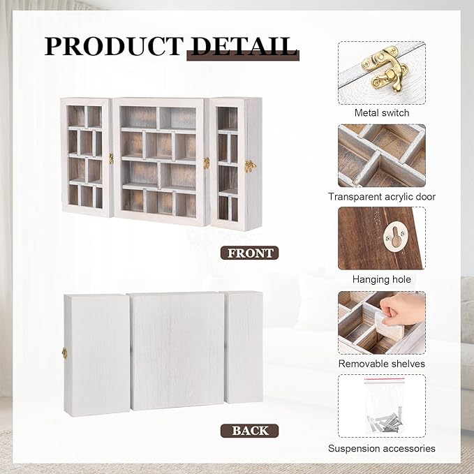 DoubleFill Set of 3 Wooden Trinket Display Shelf Shadow Box with Shelves 10 x 15 Inch Large Wall Mounted Display Storage Mini Figures Curio Trinket Medals Crafts Collections(Antique White,Box Shape)
