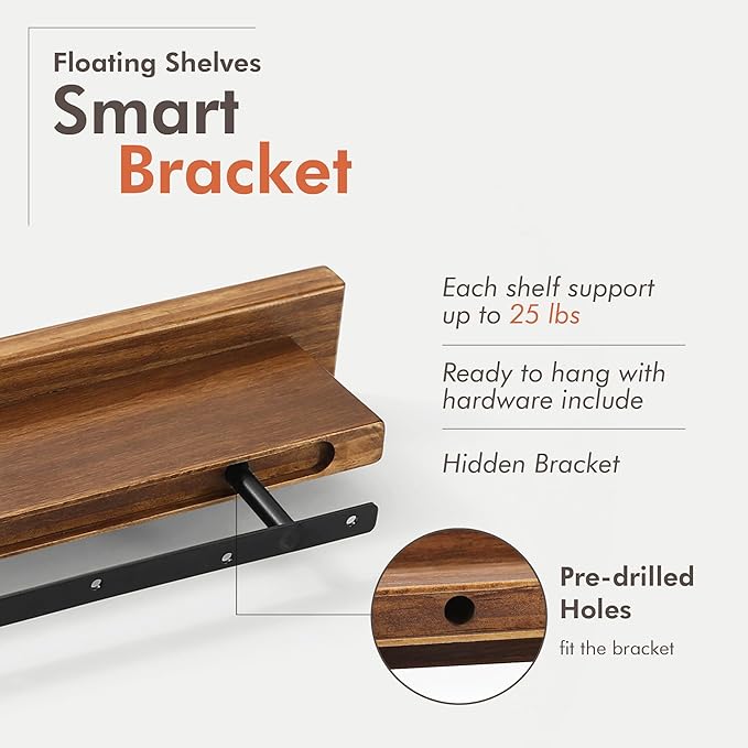 GRID FORTE Wood Floating Shelf Set of 2, 4.5D x 15W Inch Modern Reversible Wall Shelves, Minimalism Wall Mount Hardwood Shelves, Wall Decor for Bedroom Living Room Kitchen (Walnut)