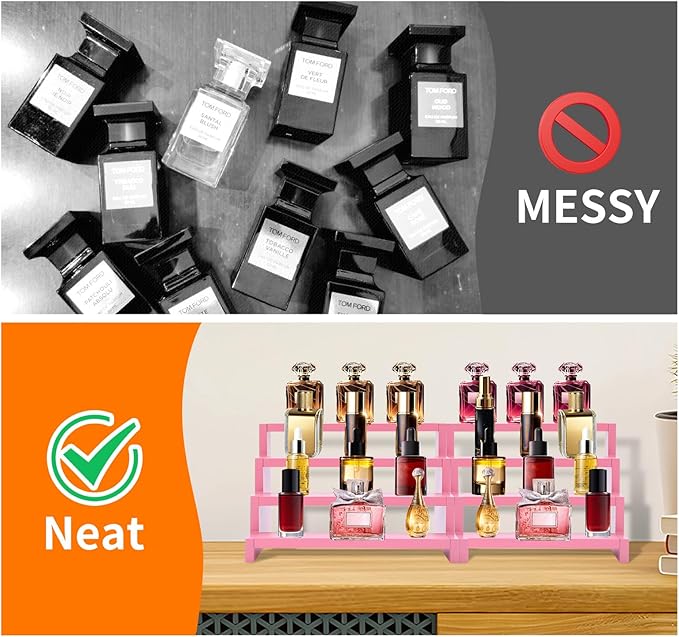 Wooden Perfume Stand for Women 4 Tier Pink Perfume Organizer Stand Perfume Display Shelf & Holder for Women’s Dresser & Vanity Desktop Rack for Fragrance Figures Dessert Cupcakes Decoration