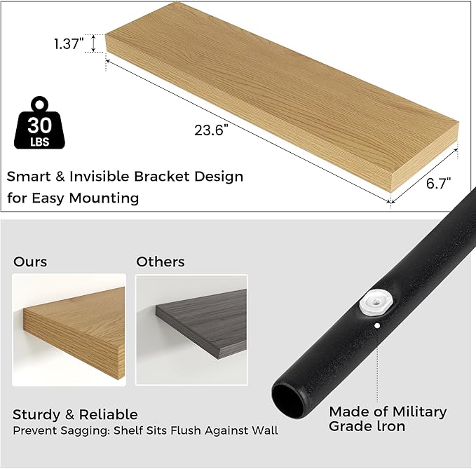 Venusmiles Floating Shelves for Wall 24 inch Long, Engineered Wood Wall Shelves with Invisible Brackets for Living Room Bedroom Bathroom Office Kitchen Decor and Storage, Oak Finish, Set of 2