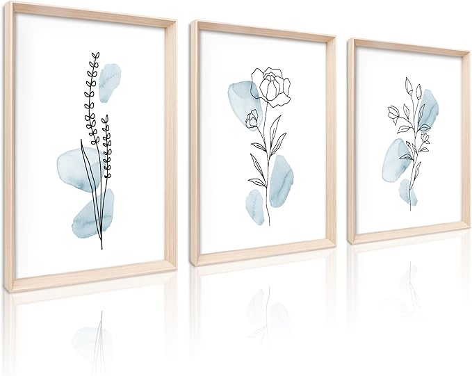 HesenDot Framed Blue Floral Canvas Wall Art,Minimalist Botanical Wall Art Decor,12x16IN Wood High Framed Prints,Boho Flowers Artworks Prints Posters for Living Room,Kitchen,Bedroom Set of 3