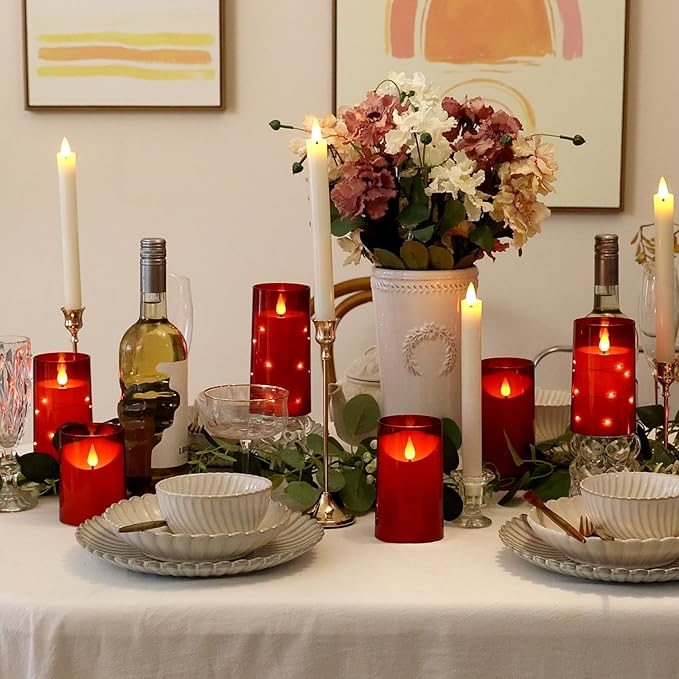 NURADA Flameless Candles with Remote Timer: 3D Wick Battery Operated Led Pillar Fake Candle Set for Wedding Birthday Valentine's Day Christmas Decorations - Red 3 Pack