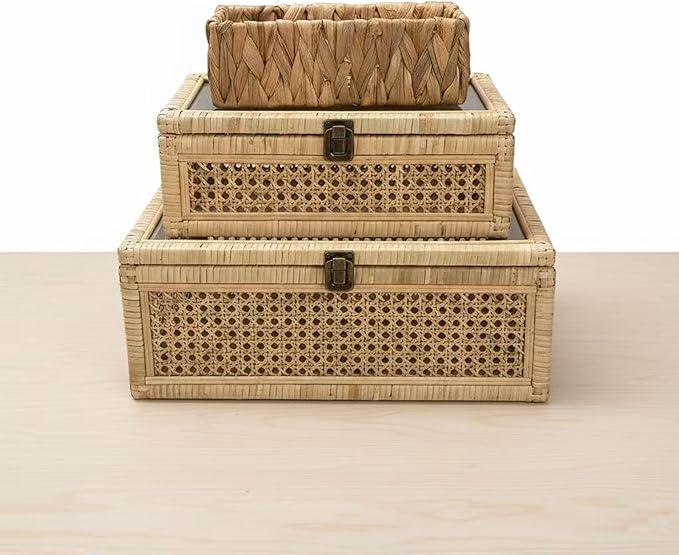 Decorative Box,Rattan Display Boxes with Lids,Set of 3-Rectangular Decorative Storage Box Set,Natural Woven Storage Bins for Home Decor