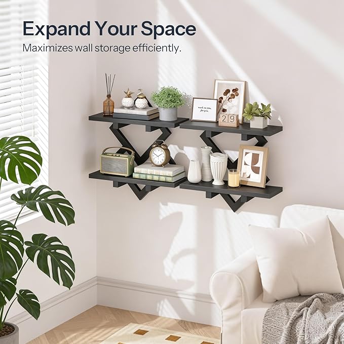 HOOBRO 15" Floating Shelves for Wall, Set of 2 Wall Shelf, 2-Tier Hanging Shelves, Wall Mounted Storage Shelf, Display Rack, for Living Room Bedroom Kitchen Bathroom, Black BB14BJP201