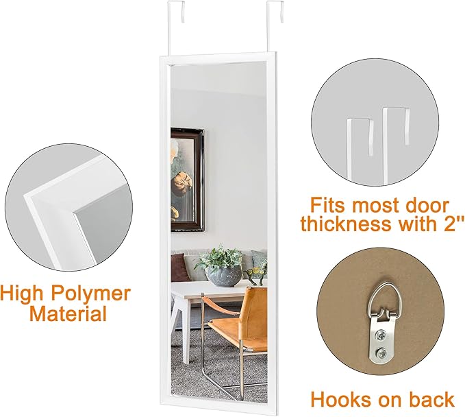 NeuType 43"x18" Over The Door Full Length Mirror, Door Wall Mirror, Wall Mount Over The Door Hanging Mirror with 2 Metal Hangers for Wall Bedroom, Bathroom, Living Room, Home Decoration (White)