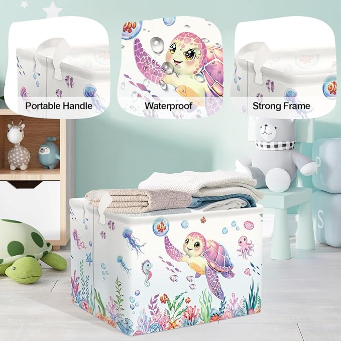 Ocean Animals Baby Laundry Hamper Collapsible Clothes Kids Storage Basket Large Boys Girls Gift Toy Box Bin for Nursery Room, Sea Turtle, 36L