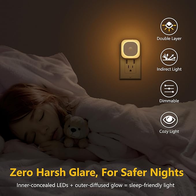 YUNLEX 2 Pack Plug in Night Light with Motion Sensor & Dusk to Dawn Sensor, 3 Sensor Modes, Dimmable Night Lights Plug into Wall, Warm White Nightlight for Kids, Bathroom, Bedroom, Kitchen, Indoor