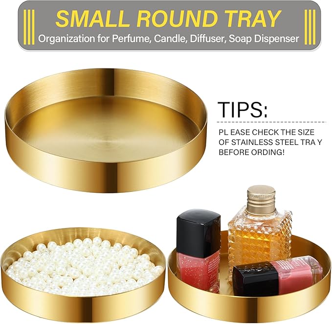2 Pack Round Gold Trays Small Brass Tray Round Metal Candle Dish Stainless Steel Jewelry, Make Up, Candle Plate Decorative Tray for Bathroom Kitchen Dinning Coffee Table Decoration,4.9 Inch