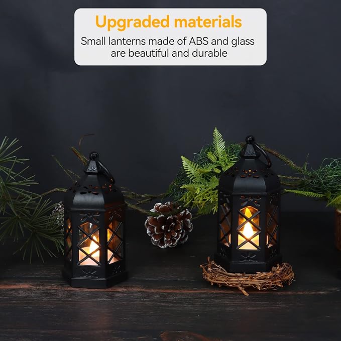12-Pack Mini Lanterns, Small Candle Lanterns Decorative, Black Tea Light Lantern, Ramadan Eid Decor, Table Centerpiece for Wedding Halloween Christmas, Easter Decorations, Battery Included