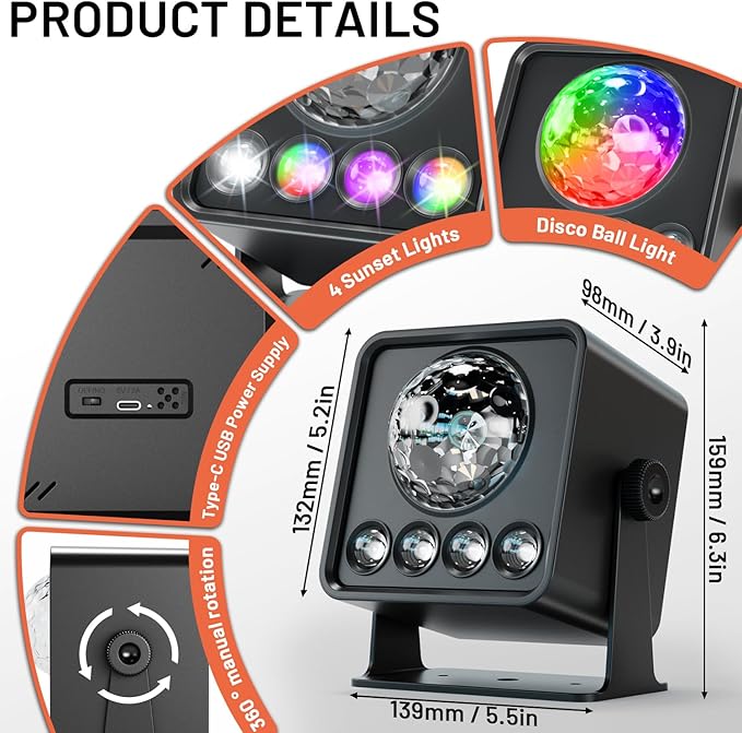 Disco Ball Light Party Lights, Sunset Lamp Dj Disco Light with 6 Working Modes 5 DIY Button Strobe Light Stage Lights Remote Control Disco Ball Lamps for Small Gathering Home Room Parties Birthday