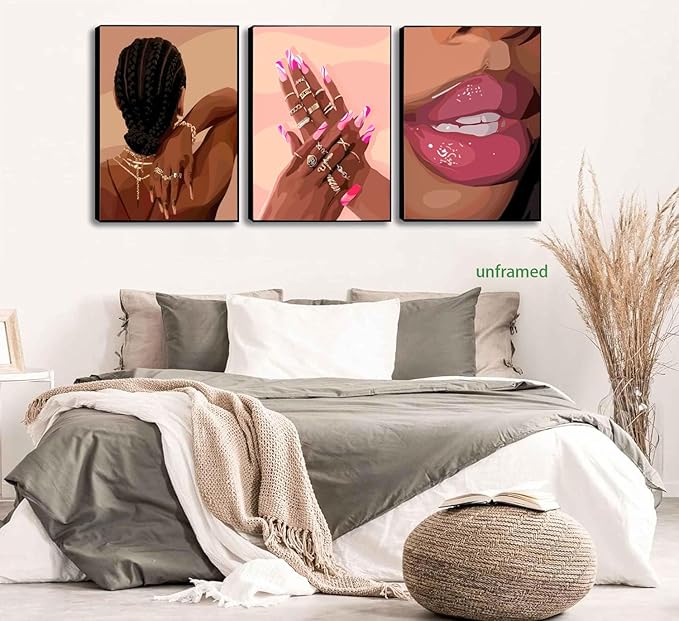 Black Girl Pink Wall Art Set of 3 African American Black Women Canvas Posters Fashion Black Girl Wall Decor Pictures Prints for Home Living Room Bedroom Bathroom Decoration 12x16 Inch Unframed