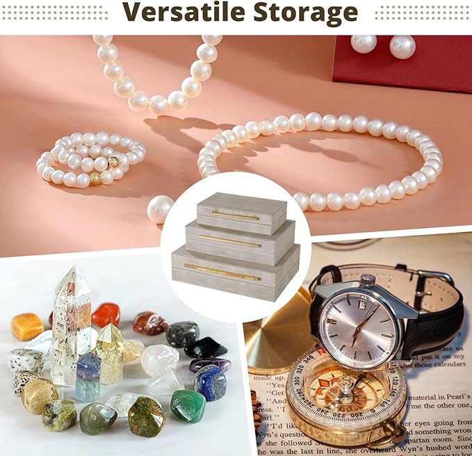 3 Pcs Ivory Shagreen Boxes, PU Leather Watch Jewelry Organizers with Velvet Lining, Golden Handles Decorative Boxes, Modern Nesting Storage Boxes for Dresser, Shelf, Closet