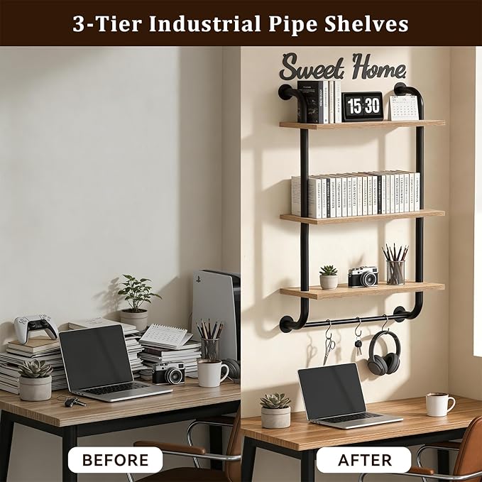 Tinpin Bathroom Shelves Wall Mounted, 3-Tier Rustic Wood Wall Shelf, 17.3 inch Industrial Pipe Floating Shelf for Bathroom,Kitchen,Bedroom,Living Room,Brown