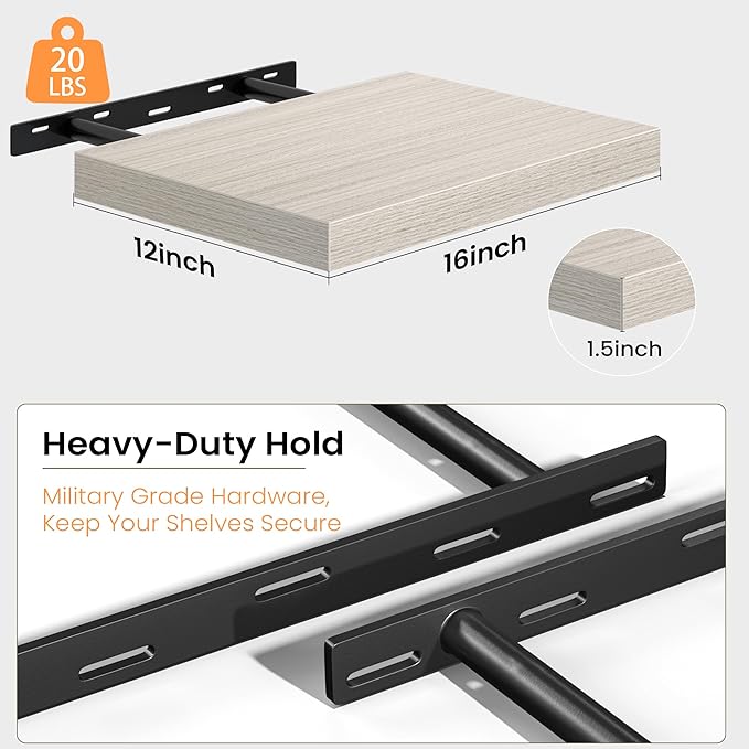 Floating Shelves for Wall, 16'' W x 12'' D Wall Mounted Rustic Wood Shelves for Bathroom, Bedroom, Living Room, Kitchen, Hanging Shelf for Storage/Room Decor with Heavy Duty Brackets, Gray, 2 Pack