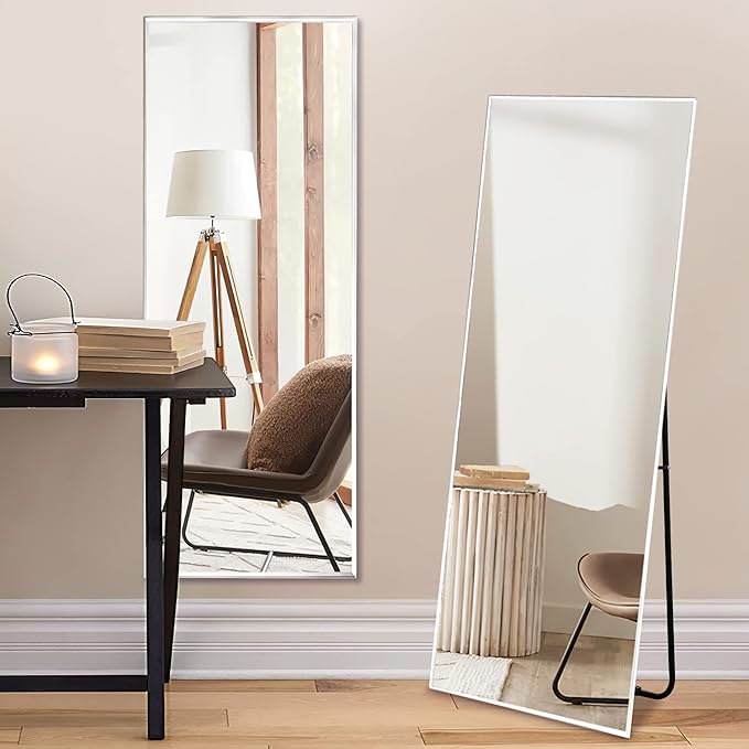 NeuType Full Length Mirror, 55"x16" Full Body Mirror with Stand Floor Mirror Full Length Standing Mirror Wall-Mounted Mirror Hanging or Leaning Against Wall Aluminum Alloy Thin Frame (White)