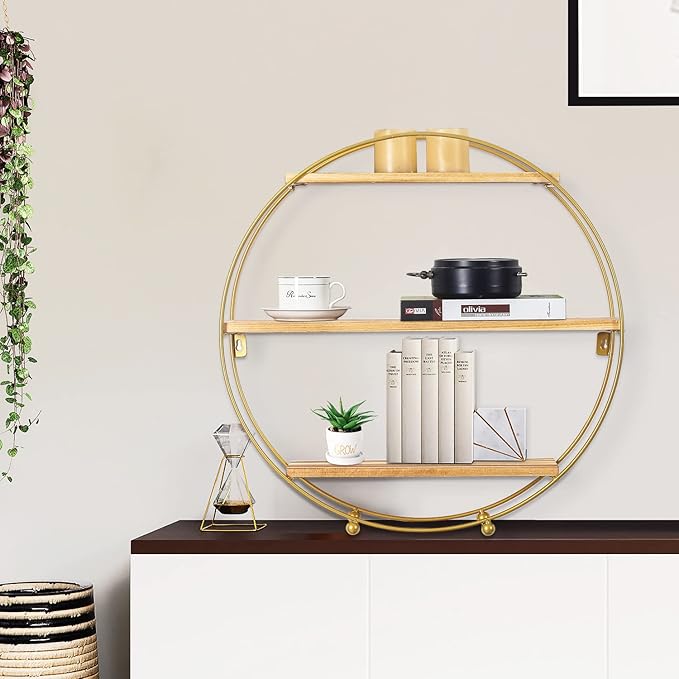 Joveco Round Wall Shelf Gold, 3 Tier Metal & Wood Circle Shelf Set, Round Shelves Wall Decor for Living Room,Bedroom,Bathroom (Gold)