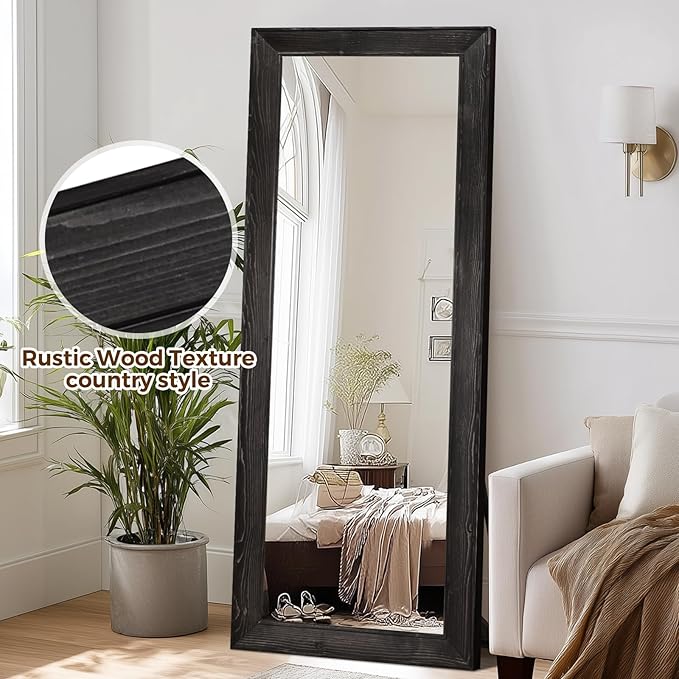 Full Length Mirror 65"x24" - Beveled Edge Rustic Black Dressing Mirror, Solid Wood Frame, Wall Mounted or Standing for Bedroom, Entryway, Living Room