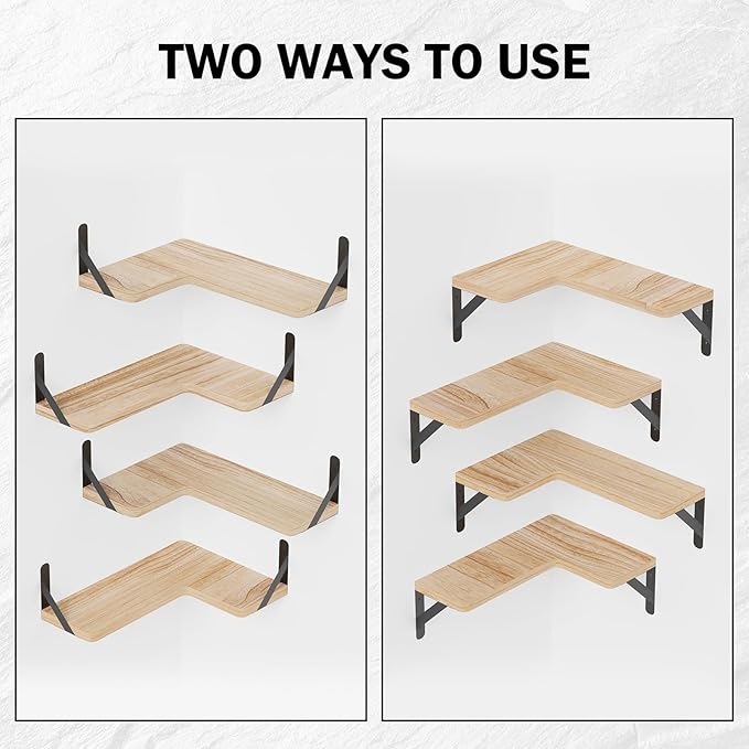 Muzilife Corner Floating Shelves Wooden Floating Shelves Set of 4, Wall Mounted for Storage, L-Shaped Wall Decor Organizer for Bedroom, Bathroom, Kitchen, Living Room and Office, Natural Wood