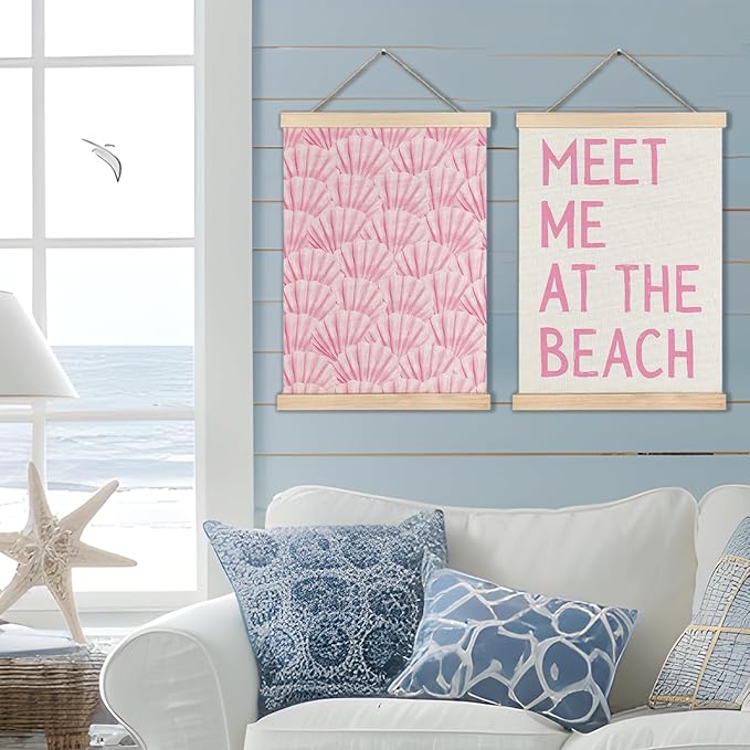 RYYCDOI Pink Cowgirl Beach Room Decor Set of 2, Aesthetic Seashell Wall Decor, Blue Beach Decor for Teen Girls Room, 12x16 Inches