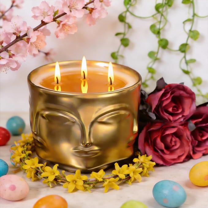 Viyffo 3 Wick Large 20oz Decorative Gold Scented Candle – Vanilla Dreamscape & Spring Spice, Non Toxic Soy Candle in Matte Ceramic Jar, Luxury Home Fragrance, Elegant Spring Décor & Unique Gift