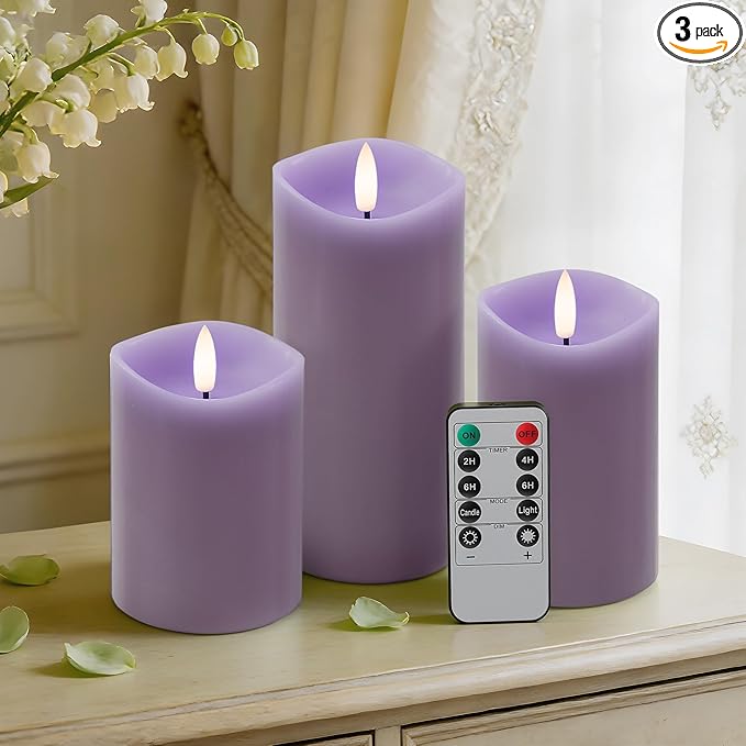 Purple Flameless Candles with Remote and Timer, Real Wax Made LED Pillar Candles Battery Operated with 3D Flickering Flame Melted Edge, 3" x 4",5",6", Set of 3 (Pastel Purple)