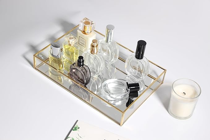 Feyarl Gold Glass Perfume Fragrance Tray Mirror Vanity Jewelry Trinket Magazine Photo Organizer Ornate Cosmetic Makeup Display Decorative Coffee Table Tray for Home Decor Dresser Tabletop （11.8” x 8"）