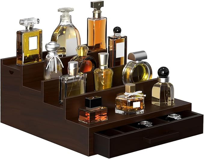 Sunexinlo 4 Tier Cologne Organizer for Men, Black Walnut Wooden Perfume Display Stand with Drawer Divider Dual Hidden Storage Compartments, Shelf for Cologne Watch Jewelry Skincare Grooming, Ideal Birthday Gift for Men and Fathers