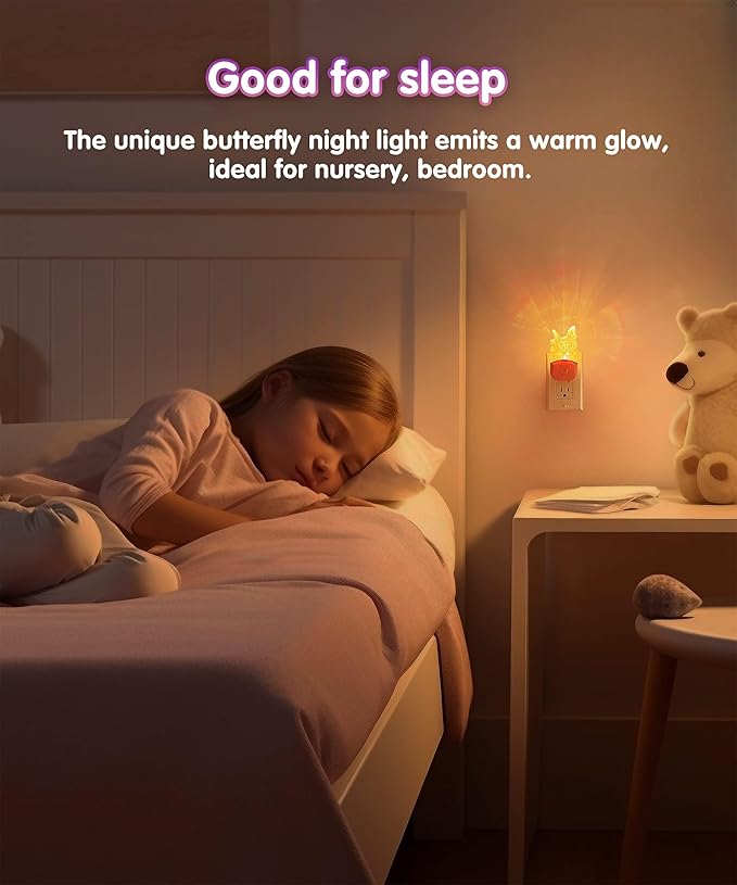 L LOHAS LED Kids Night Light, Butterfly Night Light for Kids, Dusk to Dawn Night Lights, RGB+Soft White 3000K, Nightlight for Girls Room Decor, Nursery, Baby Room[2 Pack]