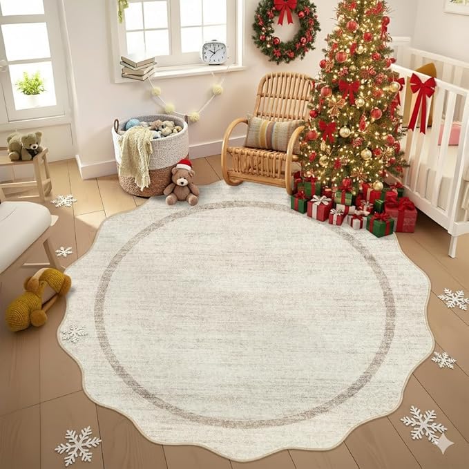 GarveeHome Scalloped Washable Round Rugs, Non-Slip Soft Round Rug 4 ft Ultra-Thin, Small Boho Circle Stain Resistant Low Pile Carpet for Entryway Kitchen Bedroom Nursery Bathroom, Beige