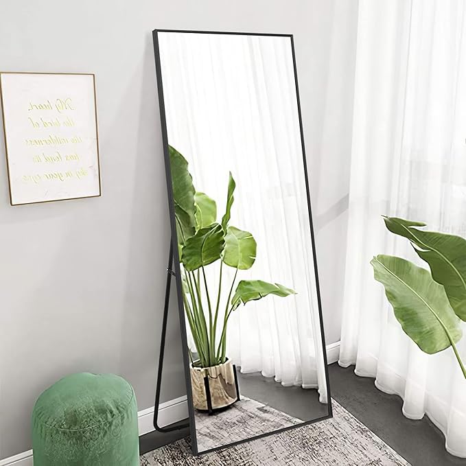 NeuType Full Length Mirror, 64"x22" With Stand Wall Mounted or Floor Standing, Large Dressing Mirror for Hanging or Leaning Against Wall, Aluminum Alloy Thin Frame (Black)