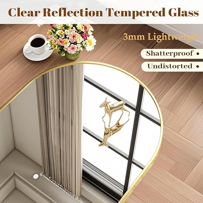 Dewfig Arched Full Length Mirror,64"x21" Gold Mirror with Stand, Full Body Mirrors for Leaning Against or Wall Mounted, Large Floor Mirrors for Bedroom, Living Room, Gold