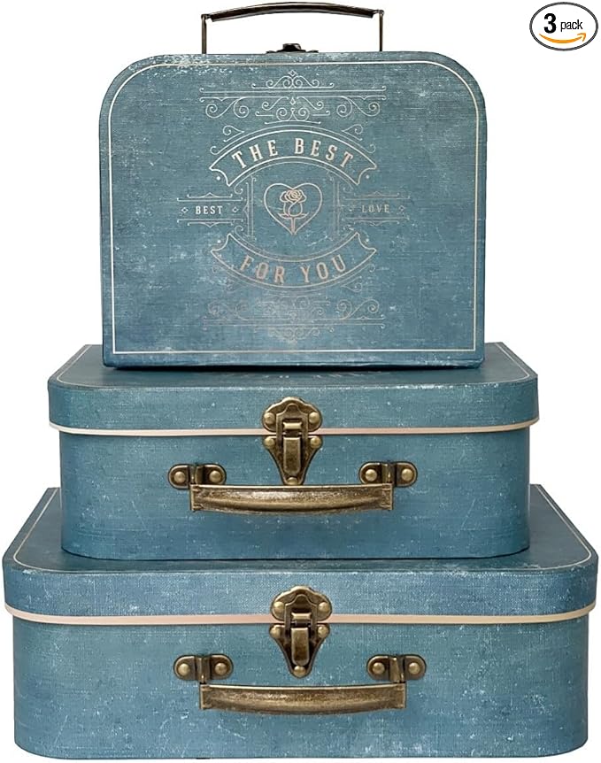 Paperboard Suitcases, Vintage Decorative Box Set of 3 Storage Boxes with Lids, Cardboard SuitcaseS, Memento Box Keepsake Box Photo Storage Box Hat Boxes Home Decoration, Vintage Suitcases (Blue)