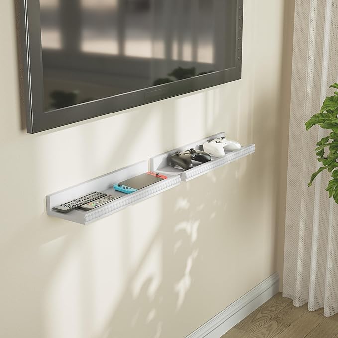 Alsonerbay White Floating Shelves Wall Mounted Set of 2, 15.7 Inch Modern White Shelves with Lip, Wood Wall Shelves with Wooden Beads for Bathroom Bedroom Living Room Nursery and More