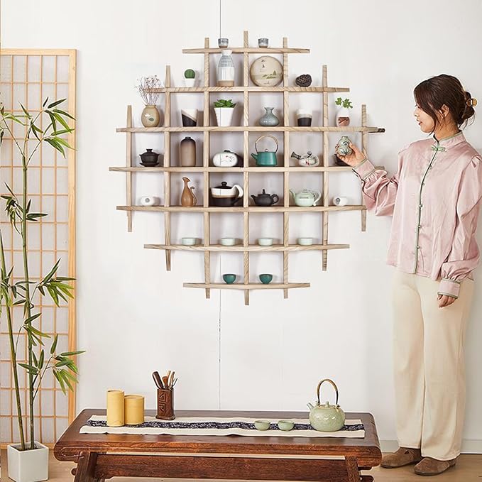 Solid Wood Chinese Tea Cup Holder, Wall Mounted Teapot Display Stand, Wall Decoration Teaware Shelf Storage Rack for Living Room Kitchen Office Commercial (Carbonization Color, 39x39'')