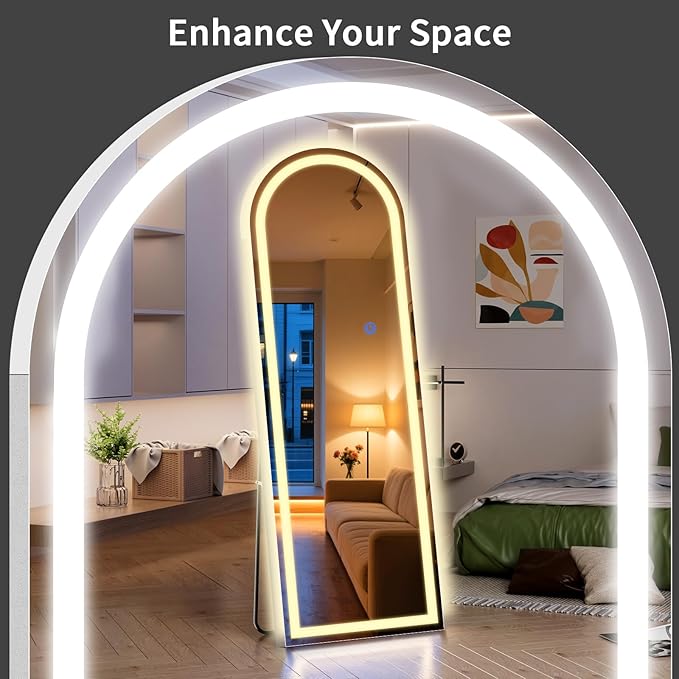 Arch Full Length Standing Mirror with LED Lights, 65"x26" Lighted Mirror with Dimming & 3 Color Lighting, Tall Mirror Full Body for Bedroom, Dressing Room
