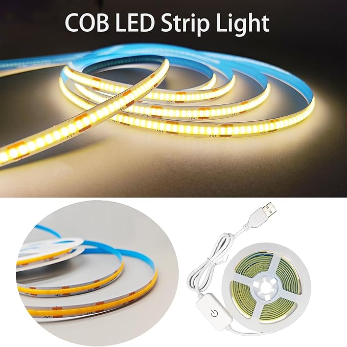 ZSLAIFU A 5V USB LED Light Strip, COB LED Strip Lights, Warm 5V LED Lights, Small LED Strip Light, TV Lights for TV Under Cabinet Kitchen Living Room Shelving or Displays (Warm 6.56ft)